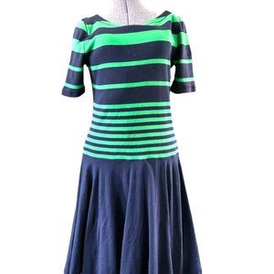 Vintage Ralph Lauren Navy Green Fit & Flare Scoop Neck Striped Dress Cotton Sz M
